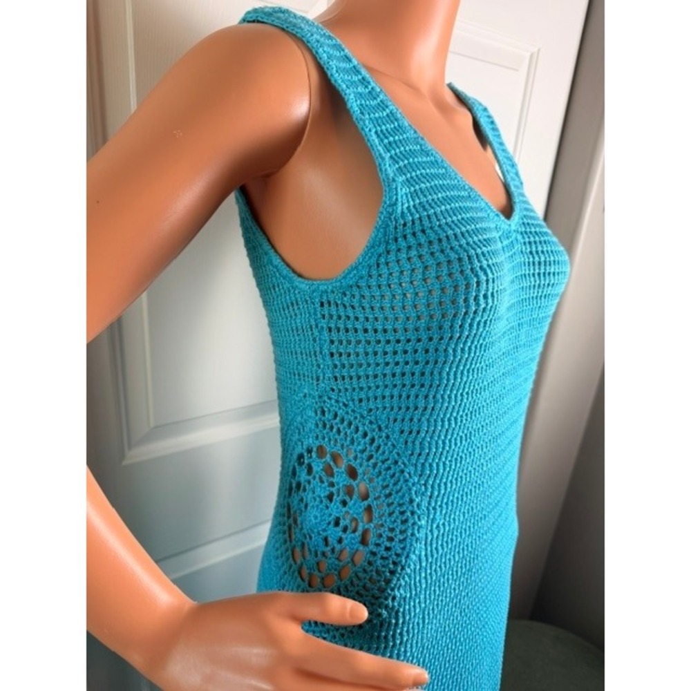 New Elan Turquoise knitted crochet maxi long swim coverup dress Size M